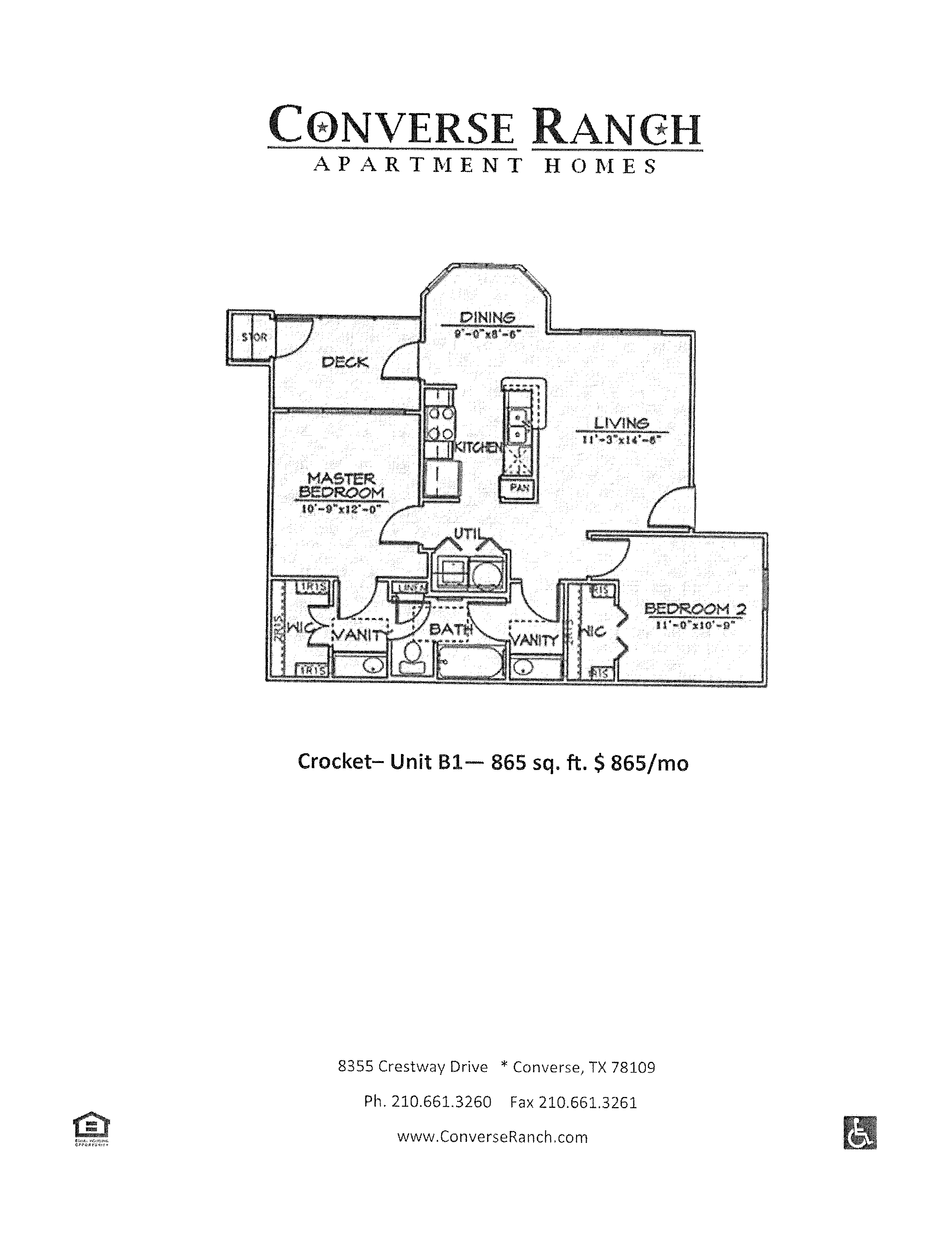 Floor plan for 2 beds, 1 bath, 865 sqft
